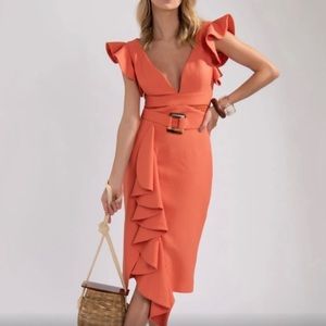 NWT Patbo Hot Orange Belted MIDI Dress